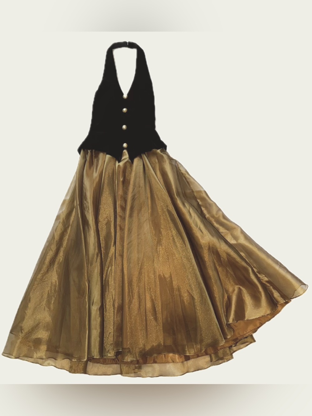 Dave & Johnny Gown-Black Velvet Peplum Halter Bodice with Gold Full Skirt